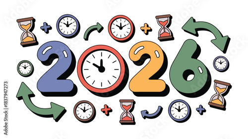 Vision for 2026: An abstract illustration displays the year 2026 amid clocks, sandglasses, and arrows, signifying the passage of time and future planning.
