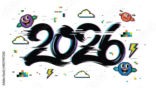 New Year Design: An optimistic vision of the future is depicted through a captivating digital art piece, featuring the year 2026 and playful digital elements.
