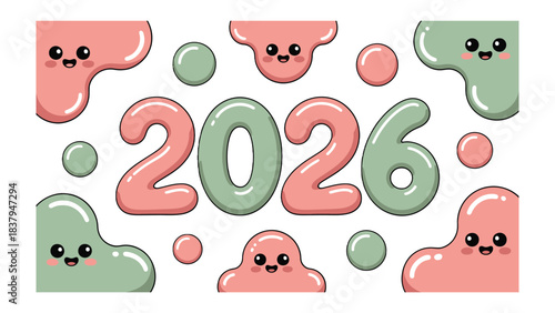 The year 2026: An illustrated representation of the year 2026, rendered in cheerful pastel hues, accompanied by charming characters expressing joy and optimism.