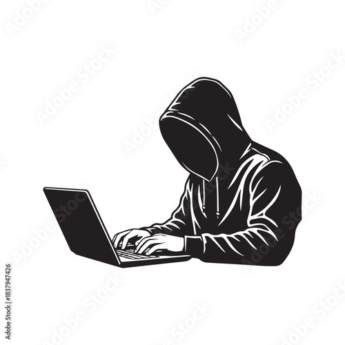 Anonymous hacker silhouette wearing a hoodie using a laptop computer. Mysterious cyber criminal or programmer typing code vector illustration isolated on white background.
