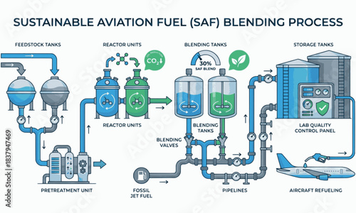 Vector diagram of sustainable aviation fuel (SAF) blending process, showing tanks, pipelines, reactor units, feedstock pretreatment, refueling systems, clean energy, low-carbon aviation, eco-friendly