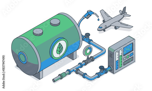 Vector jet powered by sustainable bio-fuel, highlighting clean aviation energy, green technology, low-carbon flight, renewable power, eco-friendly transport, emission reduction,and future air mobility
