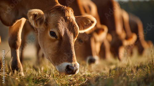 Close-up of a brown cow grazing in a sunlit field with other cows blurred in the background