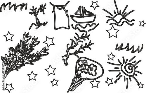 Whimsical hand-drawn doodle elements: sun, boat, plant, flowers, and stars
