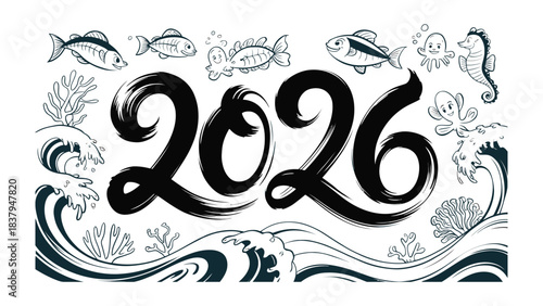 Year 2026: An artistic depiction of the year 2026 is showcased, intricately interwoven with marine elements, including fish, ocean waves, and coral, all presented with creative flair.