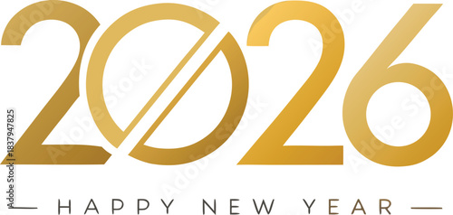 Elegant golden year 2026 text with a subtle design element and happy new year greeting isolated on white background.
