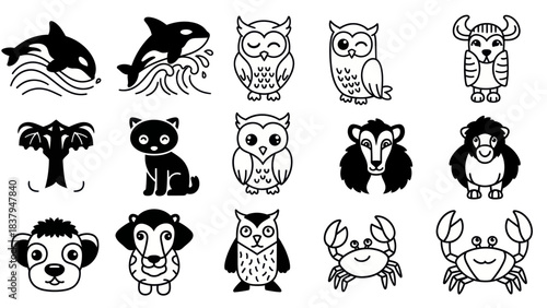 Black and white animal illustrations orca owl cat crab and monkey designs