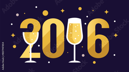 Golden 2016 numbers with champagne glasses and sparkling stars on a dark background isolated on white background.