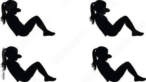 Silhouette, woman, sit-up, exercise, fitness, core, workout, gym, training, ponytail, strength, health, bodyweight, routine, active, abdominal, crunch, black, isolated, illustration