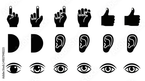 Black and white graphic illustrations of human body parts and gestures