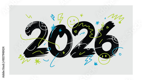 2026 Typography: A dynamic display of the numbers 2026, creatively adorned with lively illustrations, set against a smooth background.