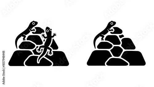 Black silhouette lizard climbing rocks illustration on white background