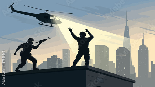 Intense rooftop standoff featuring armed soldiers, surrender, and searchlight from hovering helicopter