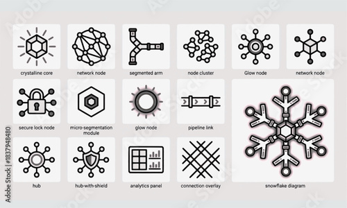 Vector line icons set in black and white for AI, networking, and digital technology. Includes symbols for cloud, neural networks, data, cyber, automation, intelligence, connectivity,and futuristic co.
