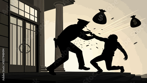 Determined police officer tackles robber fleeing with money bags outside stately building entrance