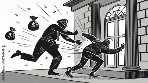 Police officer bravely chasing a fleeing bank robber dropping stolen money bags outside a building