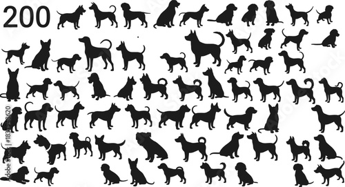 Silhouettes of 200 dog breeds, diverse canine shapes, pet animal collection, dog species chart, black dog icons, breed variety