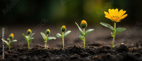 Business concept young yellow flower growth stages in soil showing progress and hope