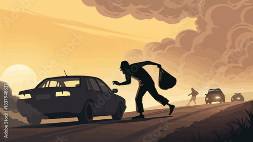 Silhouette of thief stealing from car as police chase begins during dramatic sunset highway pursuit