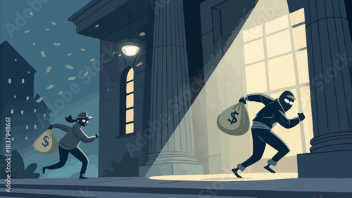 Sneaky burglars escaping a grand building at night after stealing heavy money bags