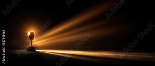 Gold trophy spotlight business concept celebrating achievement with dramatic light and warm mood