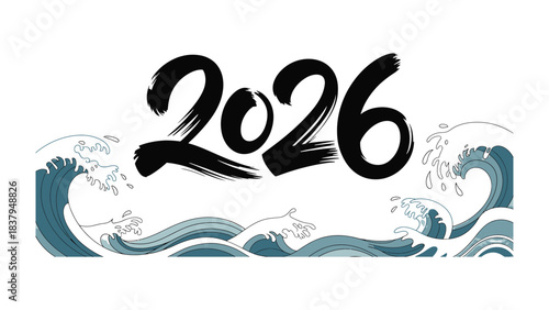 2026: A visual representation showcasing the year 2026 with a bold brushstroke style, complemented by elegant ocean wave illustrations. A modern and artistic approach to signify future events.