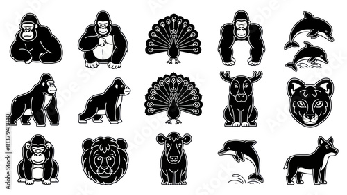 Black and white vector illustrations of various animals in a minimalist style