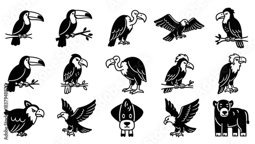 Black and white vector illustrations of various birds and animals for design