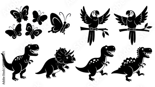 Black and white illustrations of butterflies parrots and dinosaurs