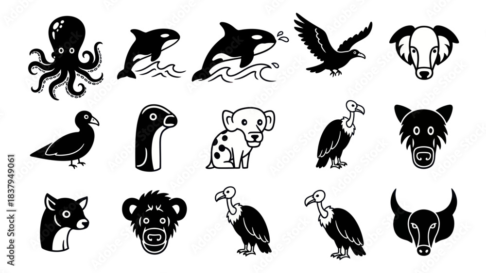Obraz premium Black and white animal illustrations octopus dolphin eagle and more