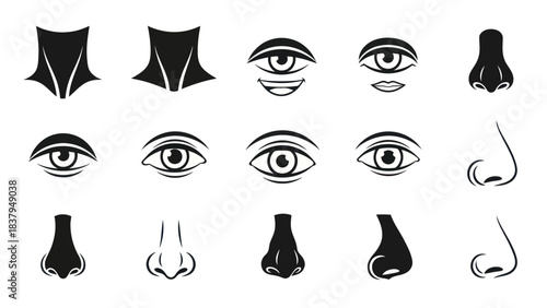 Black and white vector illustration of facial features and elements