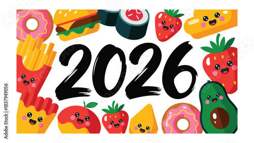 Year of Deliciousness: A colorful illustration featuring the year 2026 surrounded by smiling food items like burger, fries, sushi, donut, and more, celebrating the joy of food. 