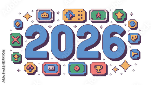 Year 2026 gaming: Illustrative digital rendering presents the year 2026 in bold numeral, it celebrates the future of digital games, with pixelated icons of gaming elements embellishing the scene.