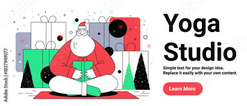 Santa Christmas yoga meditation pose surrounded by gifts festive trees colorful abstract background modern holiday celebration concept website banner