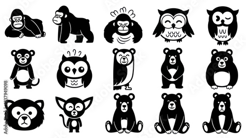 Black and white cartoon animal collection isolated illustration
