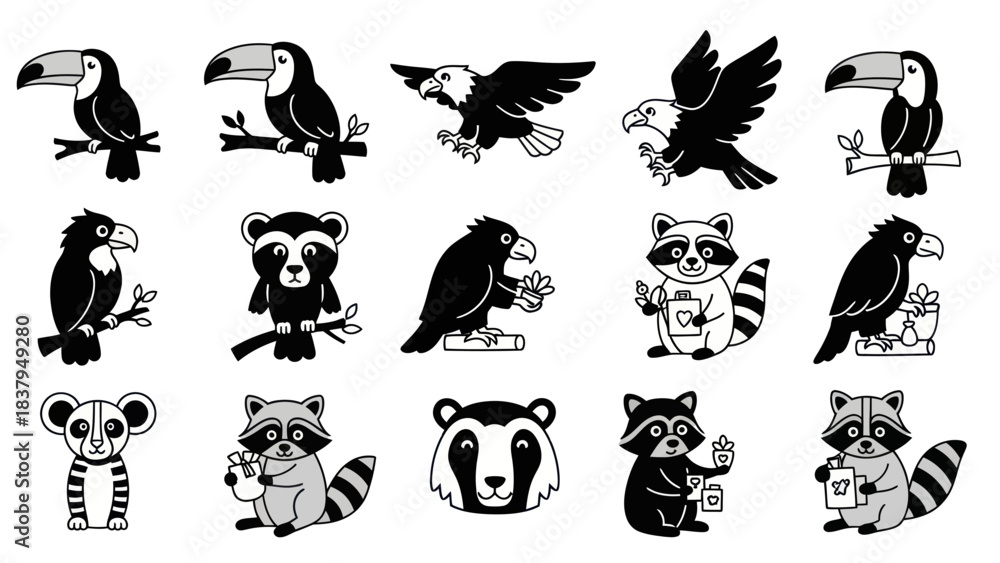 Obraz premium Black and white vector illustrations of various birds and mammals set design