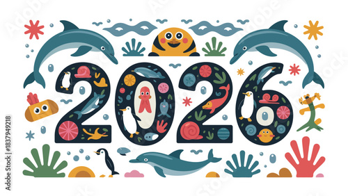 New Year 2026: An illustration showcases a playful depiction of the year 2026, complete with oceanic animals. The image encapsulates the fun of the new year with cute animal figures. 