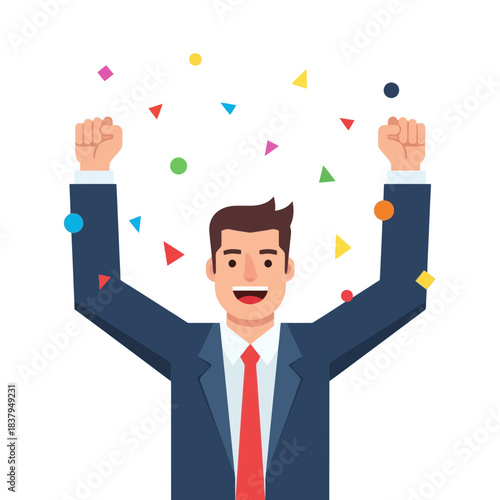 Successful businessman celebrating success with confetti falling around him