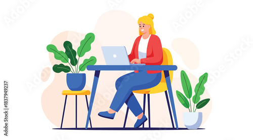 Modern workspace illustration featuring a person in red jacket working on a laptop at a blue desk with plants and abstract background, symbolizing productivity, remote work, and comfortable office set