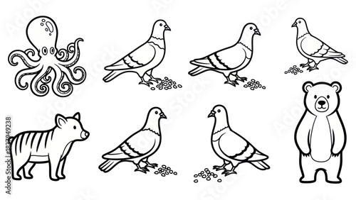 Black and white animal illustrations octopus pigeons bear and other wildlife