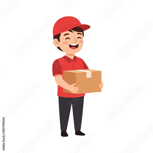 Cheerful delivery service professional holding a package, ready to deliver goods with a smile, representing efficient shipping and reliable logistic solutions
