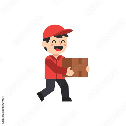 Happy delivery man in red uniform carrying a package with a smile
