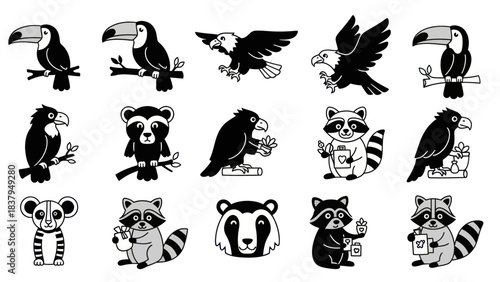 Black and white vector illustrations of various birds and mammals set design
