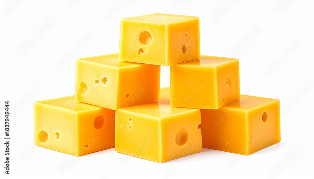 Obraz premium Pyramid of nine yellow cheese cubes with smooth texture and small holes on neutral background
