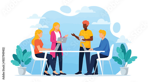 Illustration of four professionals collaborating around a table with laptops and gestures, symbolizing teamwork, communication, and project discussion in a modern workspace with abstract background