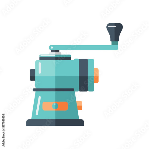 Flat design illustration of a manual food grinder or meat mincer with a hand crank, a classic kitchen appliance for preparing ingredients. Modern vector icon for culinary concepts