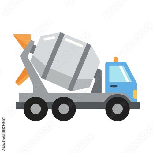 Vibrant flat design illustration of a concrete mixer truck, essential heavy machinery for construction and building projects, representing industrial vehicle and engineering work