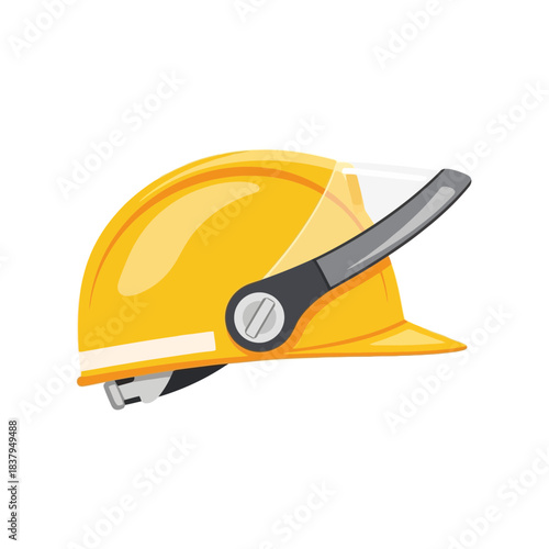 Yellow hard hat with clear face shield on a white background, safety equipment for construction workers, industrial protection gear, safety helmet, headwear, personal protective equipment