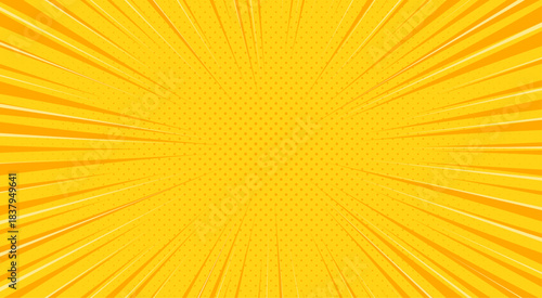 Yellow comics background with speed or explosion effect. Comic halftone gradation gradient. Simple polka dots pattern. Dynamic motion in manga. Radial anime speed lines. Zoom effect for books