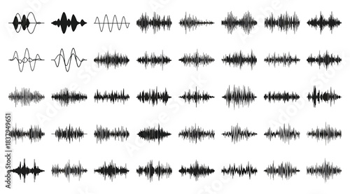 Grid of stylized sound waveforms representing diverse audio signals and speech patterns, visualized as amplitude variations for use in audio analysis, speech recognition, and signal processing